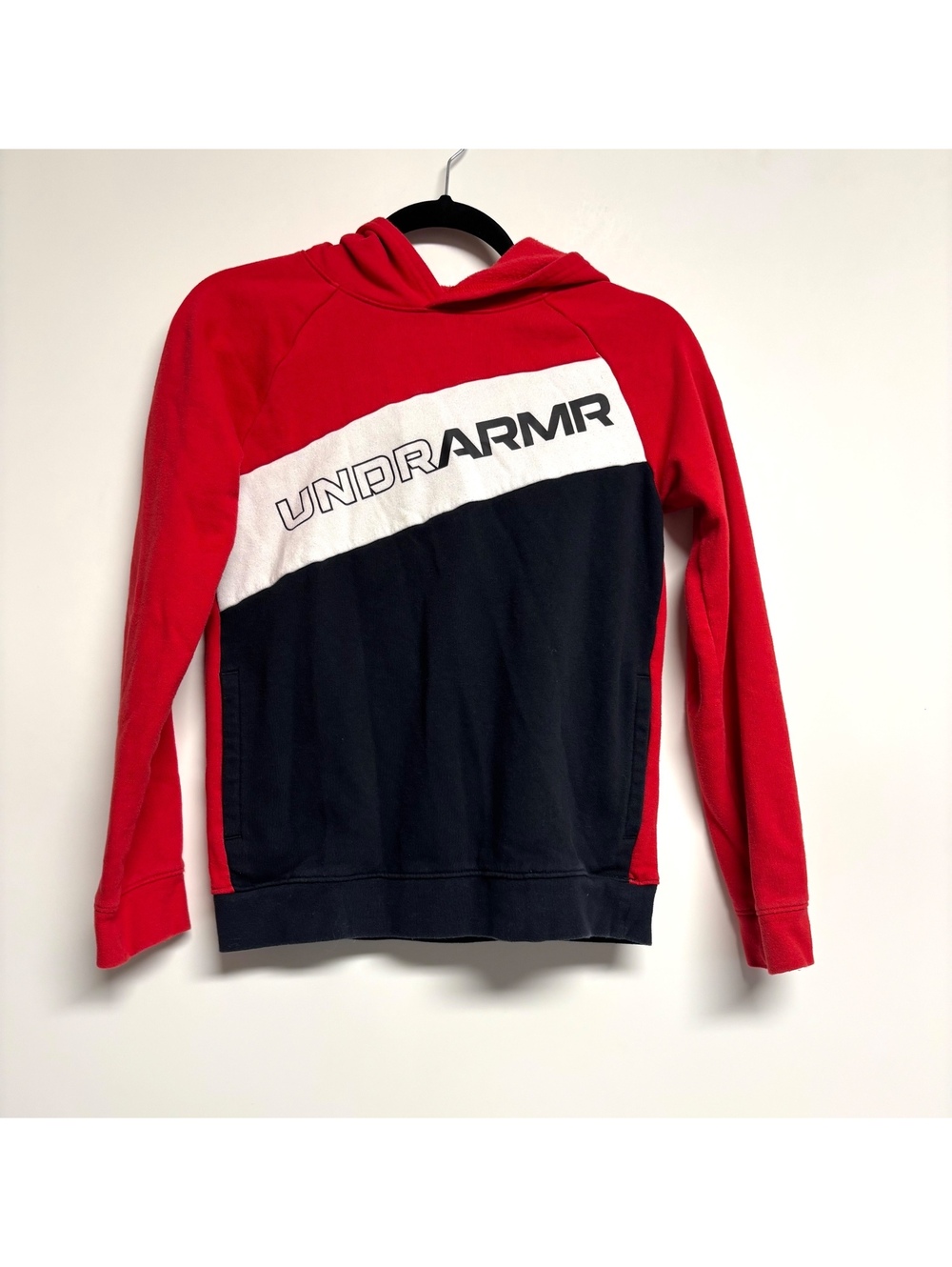Under Armour Youth Medium ColdGear Hoodie Red Navy White Pullover Loose Fit